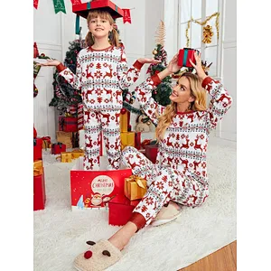 Custom New Arrival Adult and Kids Christmas Pjs 100% Cotton Rib Mommy and Me Matching Christmas Print Pajama Set