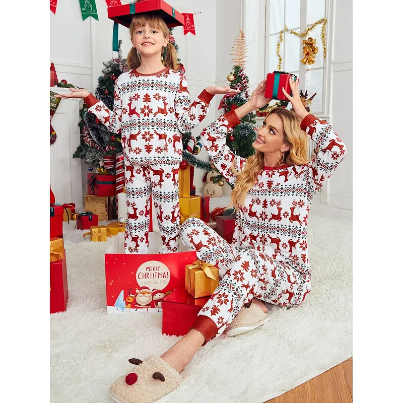 Custom New Arrival Adult and Kids Christmas Pjs 100% Cotton Rib Mommy and Me Matching Christmas Print Pajama Set