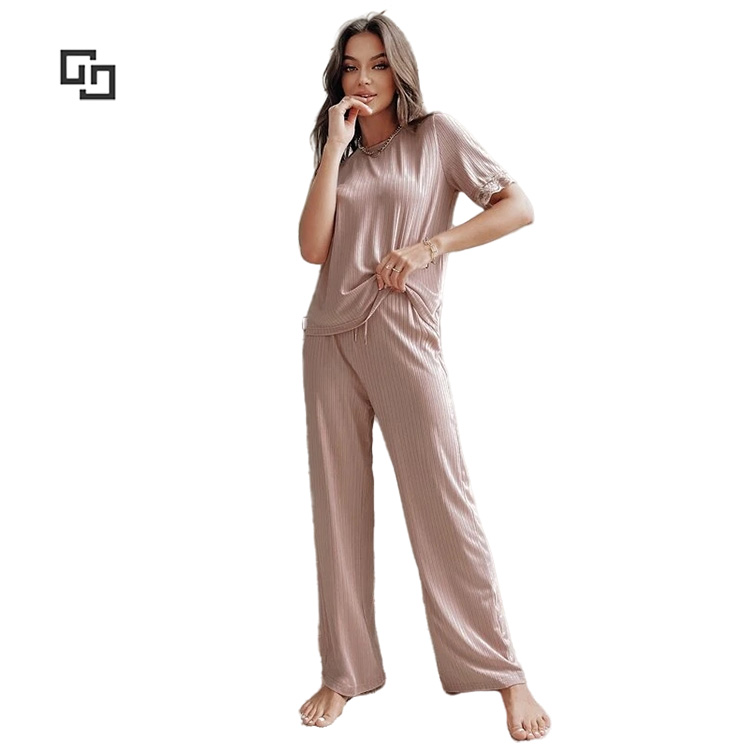 Pajamas Shorts Sets Pink Bamboo Viscose Women Sleepwear Contrast Lace Tee & Pants Bamboo Viscose Pajamas Women