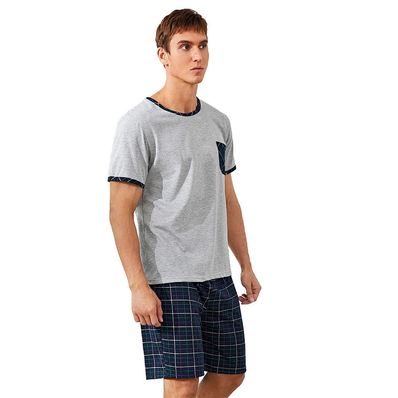 2021 Men Plaid Short Sleeve Tee & Shorts Wholesale Cotton Pajamas Pj Set