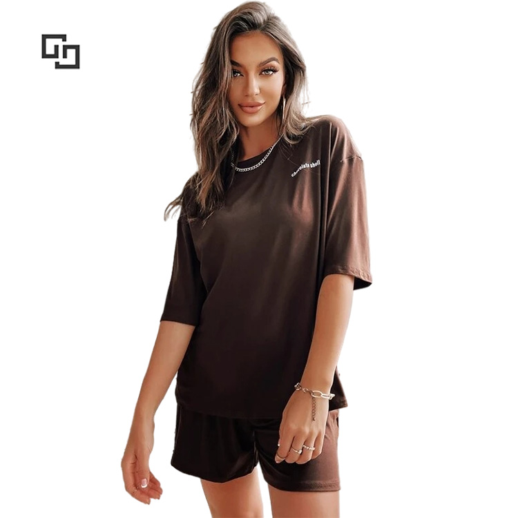 Ladies Pajama Shorts Letter Graphic Bamboo Viscose Pajama Set Drop Shoulder Bamboo Viscose Sleepwear for Women