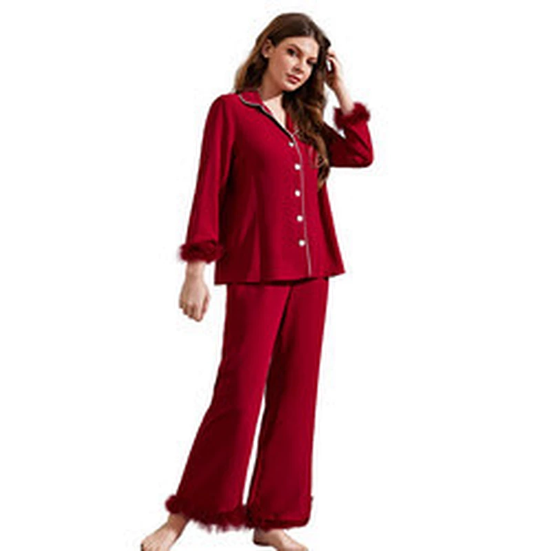 Pyjama Pour Feeme Fur Sleepwear Pijamas Feather Trim Cotton Pjs Wholesale Fuzzy Women Cozy Pajama Sets