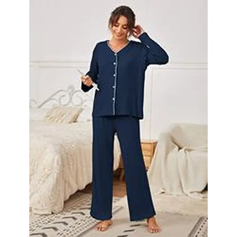 Long Sleeve Button Front V Neck Women Pyjamas Rib Knit Contrast Piping Custom Cotton Pajama Sets