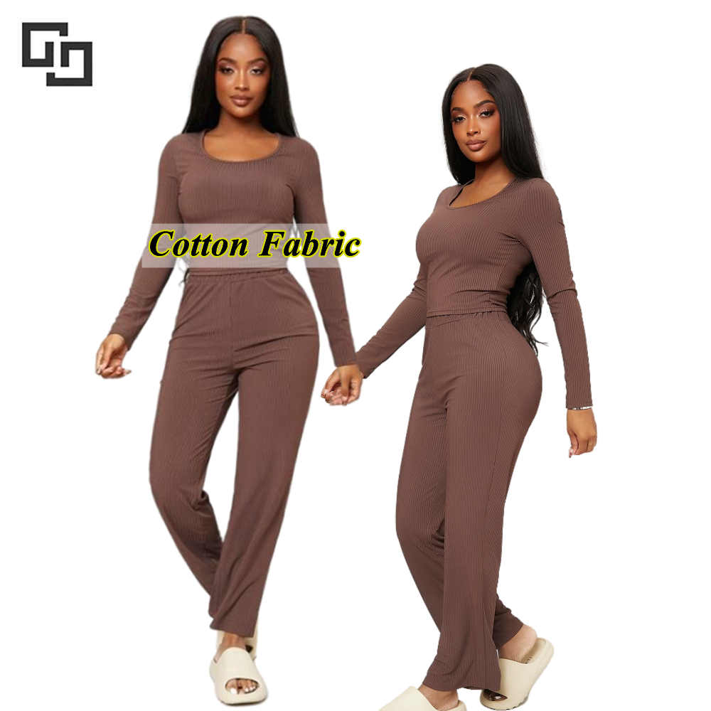 2022 Ribbed Long Woman Pajama Solid Custom Loungewear Set Winter Wholesale Vendors Women Cotton Lounge Wear