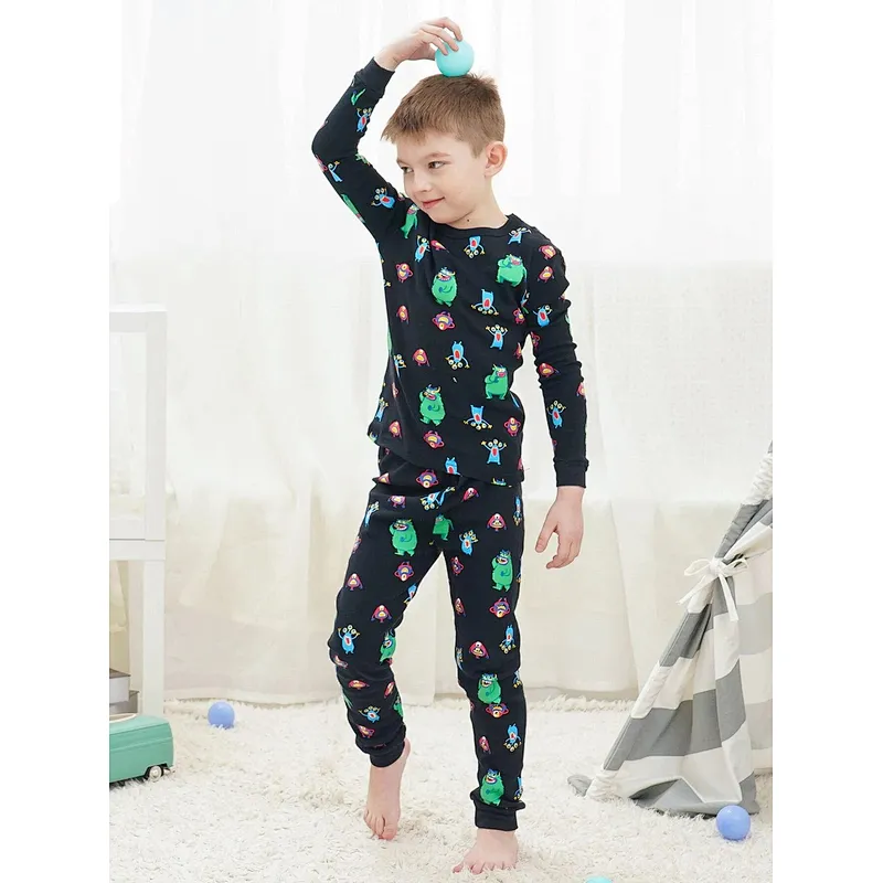 Cute 2 Piece Boy Sleepwear Cartoon Graphic Tee & Pants PJ Set 100% Cotton Kids Pajama