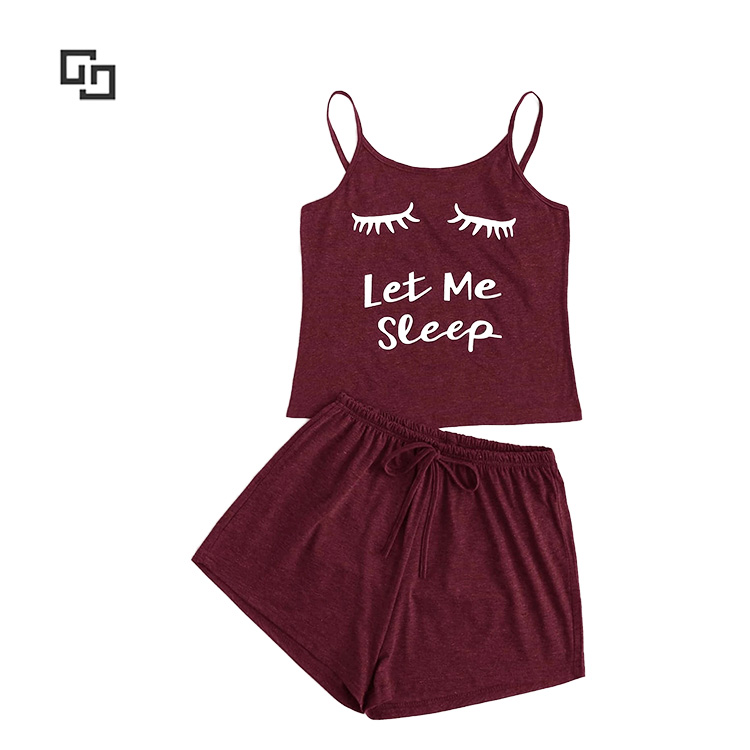 Burgundy pajamas set Graphic Camisole Sleepwear Short Pajama Set