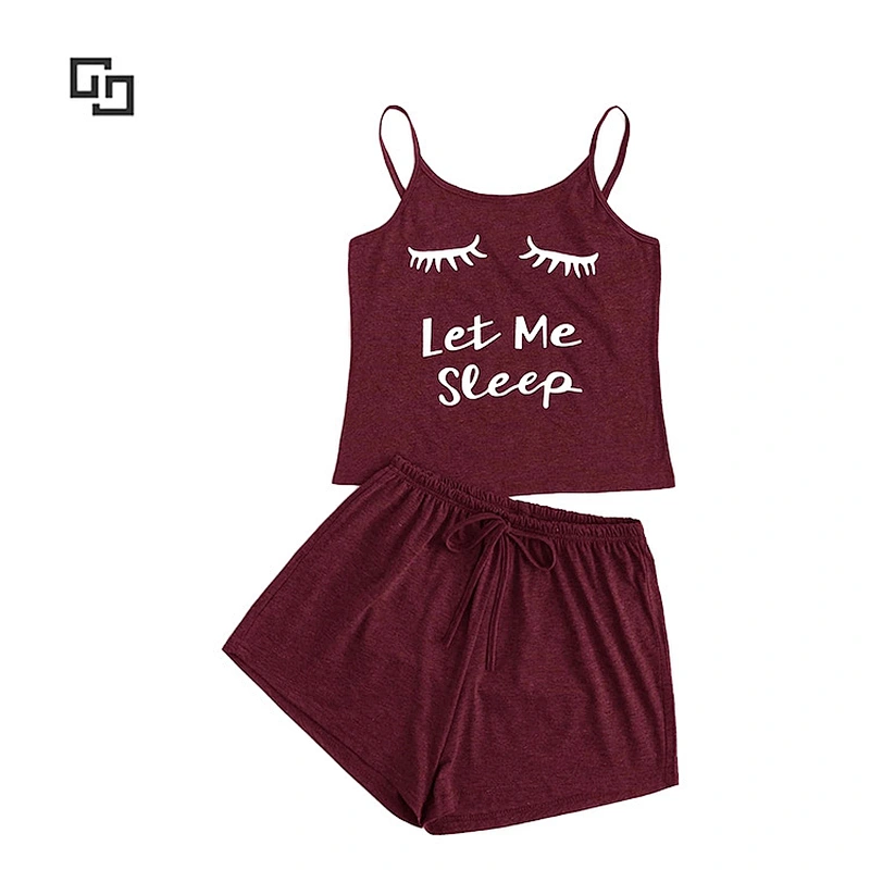 Burgundy pajamas set Graphic Camisole Sleepwear Short Pajama Set