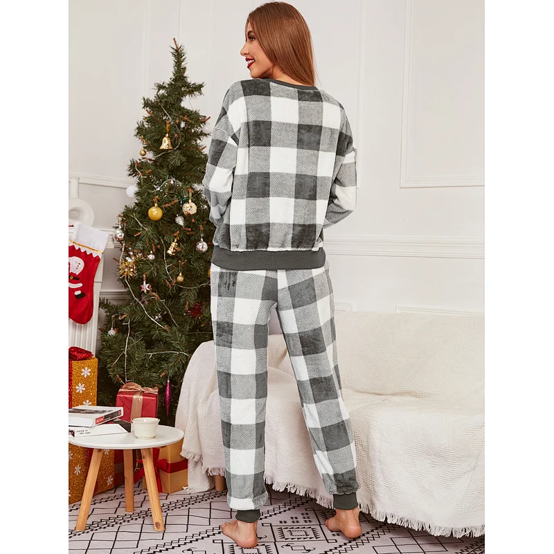 Long Sleeve Flannel Pajama All Over Gingham Print Winter Pajamas for Women