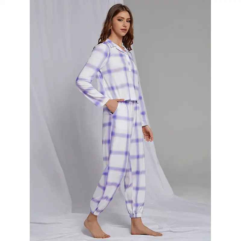 2022 Custom Plaid Print Top Pants PJ Set Winter Homewear For Adults Women Cotton Pajama Set