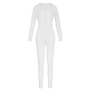 Custom Cozy Knit Adult Onesie Pajamas Solid Button Front Long Sleeve Jumpsuit for Women