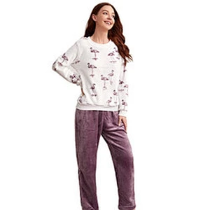 Flamingo Pattern Custom Velvet Lounge Wear Set Designer Winter Knit Flannel Women Pajama Sets