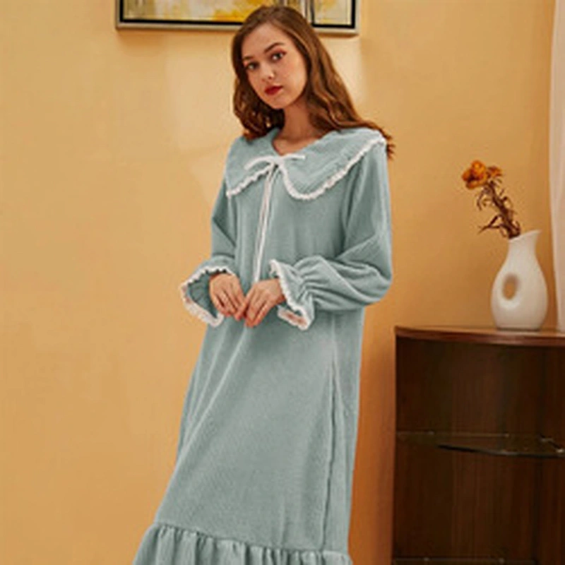 Winter Autumn Lady Girls Flannel Nightgown Sleep Night Wear Tie Front Flannel Lounge Night Gown Dress