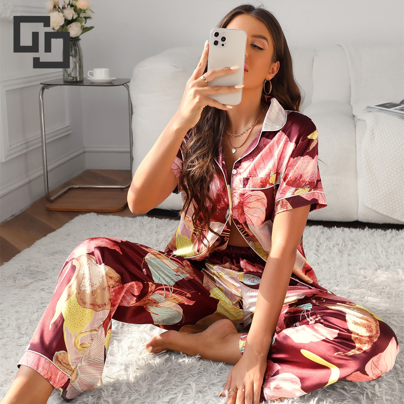 2022 New Custom Long Floral Silk Pyjamas Sleepwear Luxury Pajamas Pj Sets For Women