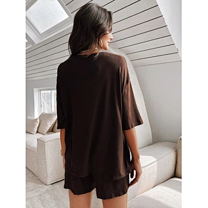 Ladies Pajama Shorts Letter Graphic Bamboo Viscose Pajama Set Drop Shoulder Bamboo Viscose Sleepwear for Women