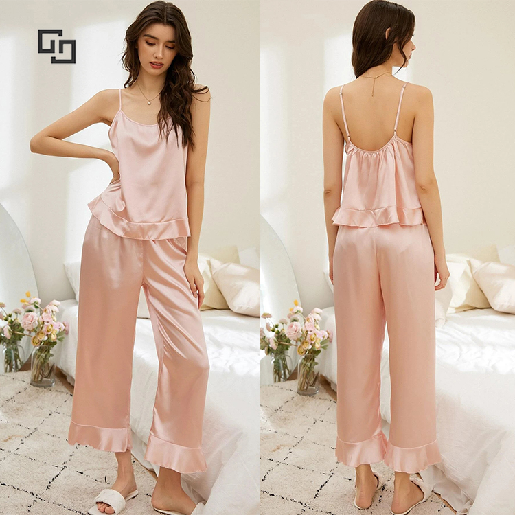 Ruffle Hem Satin Sleep Cami Shirts and Long Pajama Pants Silk Night Wear Pyjamas Set