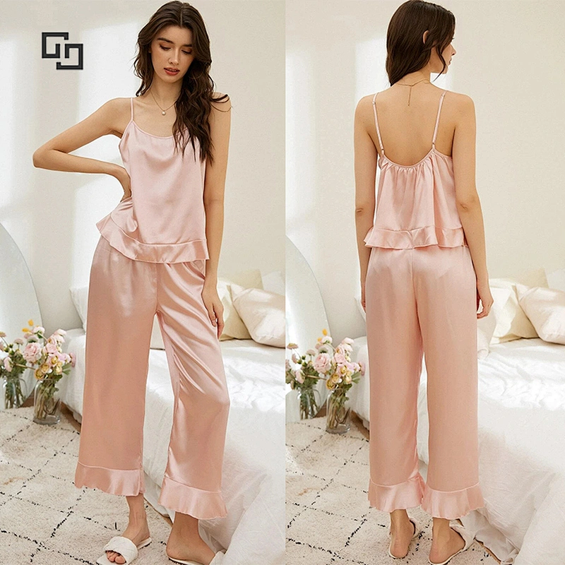 Ruffle Hem Satin Sleep Cami Shirts and Long Pajama Pants Silk Night Wear Pyjamas Set