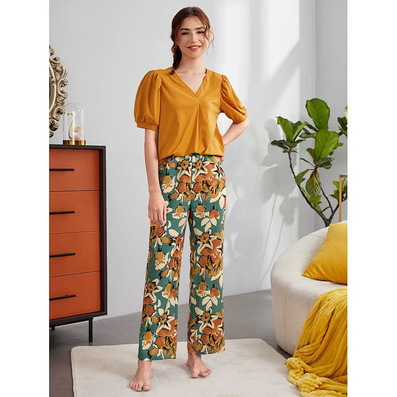 2022 Top Floral Print Pants Lounge Wear Woman Pyjama Long Cotton Women Pajamas Sets