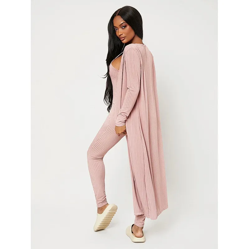 Custom 2 Piece Lounge Wear Sets Women Rib-knit Sleeveless Jumpsuit with Coat Loungewear