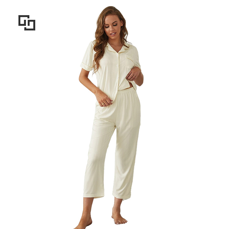 Solid Long Sleeve Pajama Sets Lapel Neck Pajamas Women's Sleepwear Pocket Front Women Pajamas Bamboo Viscose