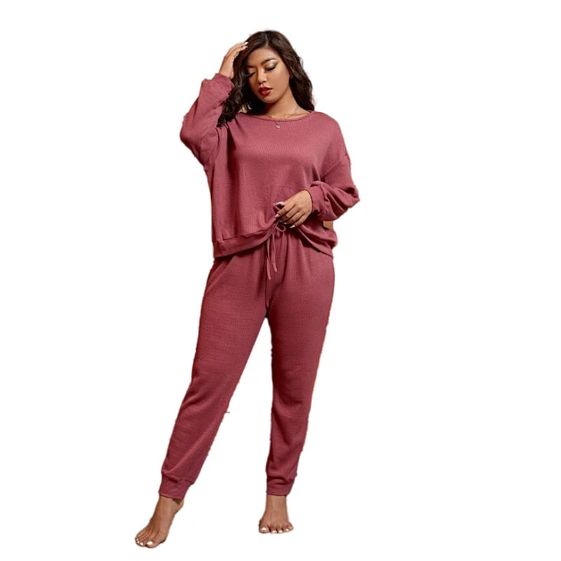 Wholesale Oversize Knitted Lounge Wear Set Designer Solid Long Winter Waffle Plus Size Women Pajamas