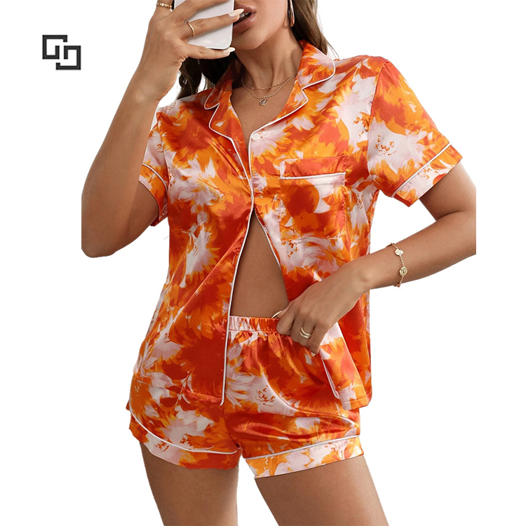 Floral Print Pajama Set Women Satin Patched Pocket Satin Short Sleeve Woman Pajamas Contrast Piping Satin Womens Pajamas Set