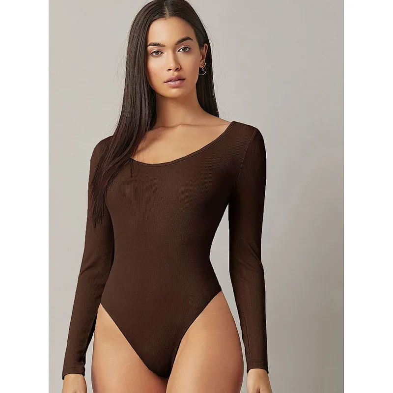 Rib-Knit Skinny Casual Bodysuits for Women Form Fitted Solid Long Sleeve Bodysuit