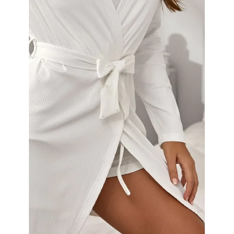 OEM Rib Knitted Loungewear Belted Robe & Cami Top & Drawstring Shorts Women pajamas