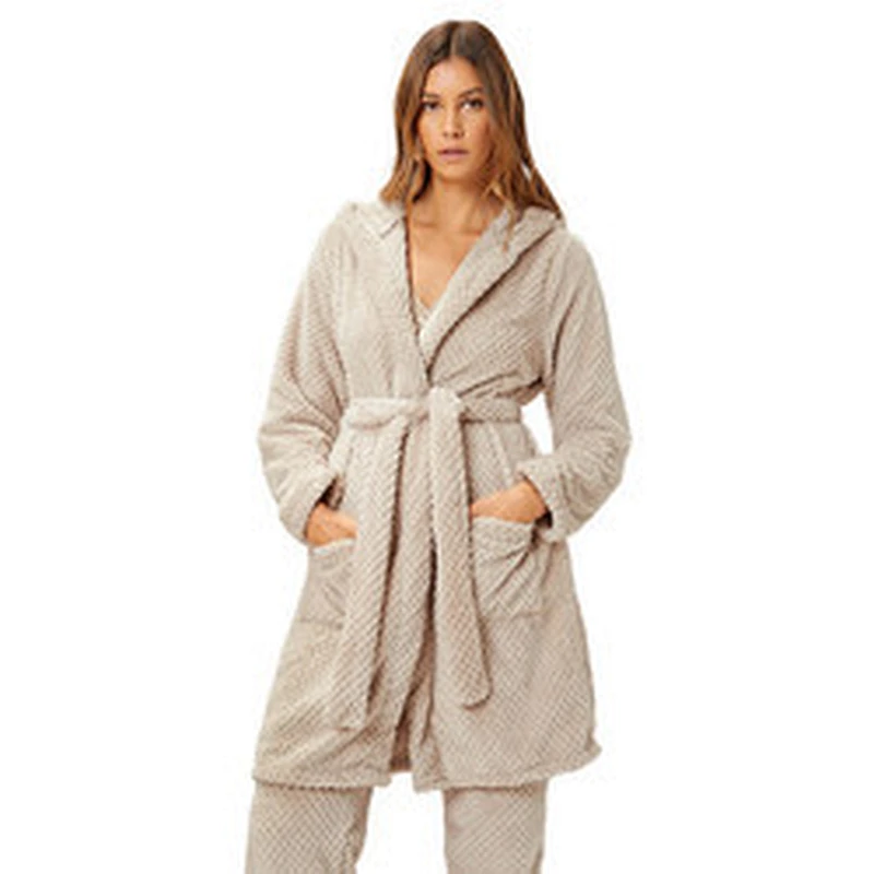 New Hooded Dual Pockets Flannel Waffle Winter Robes Femme Fleece Solid Lounge Pants Fuzzy Women Robe Sets