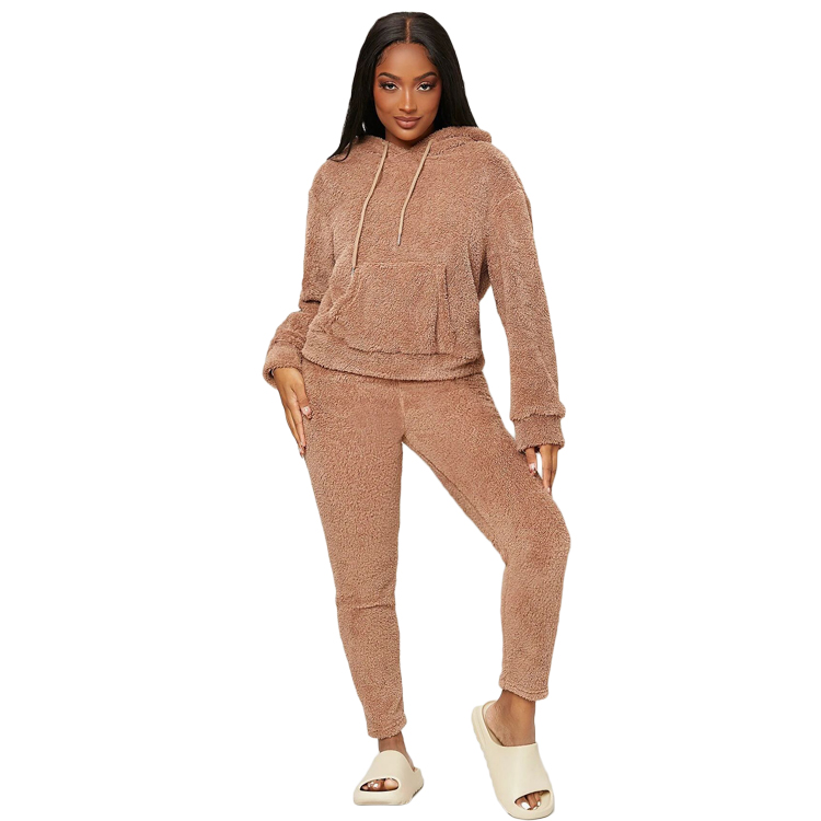 Kangaroo Pocket Drop Shoulder Winter Pajamas Drawstring Hooded Flannel Women Loungewear
