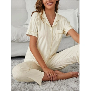 Solid Long Sleeve Pajama Sets Lapel Neck Pajamas Women's Sleepwear Pocket Front Women Pajamas Bamboo Viscose
