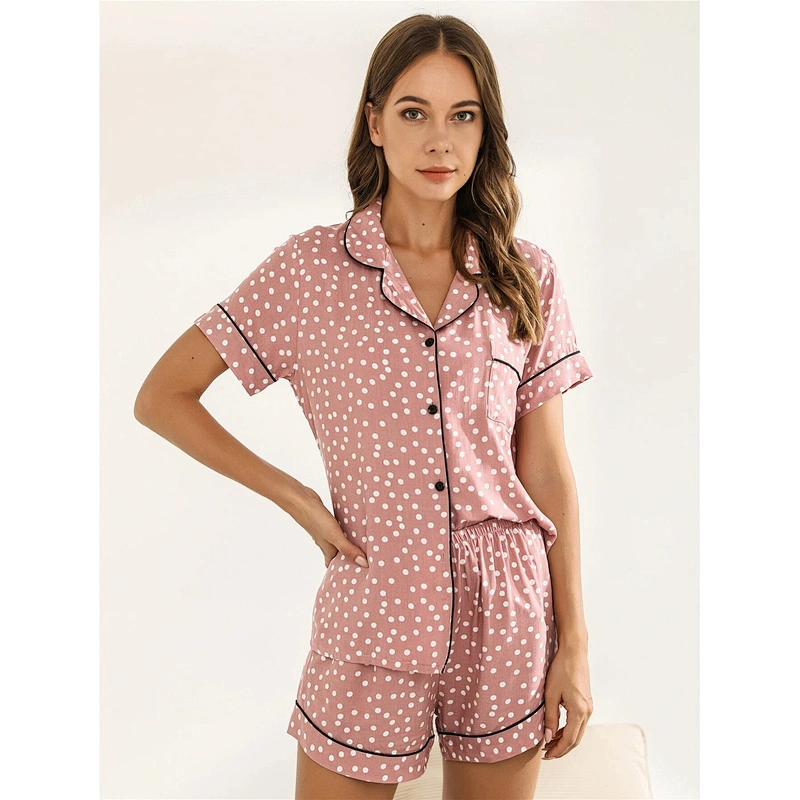 Polka Dot Print Summer Short Bamboo Pajamas Contrast Piping Blouse & Shorts Pijama Custom Women Pyjama
