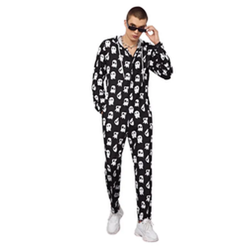 Contrast Panel Zipper Drawstring Hooded Men Sleep jumpsuit Hoodie Onesie