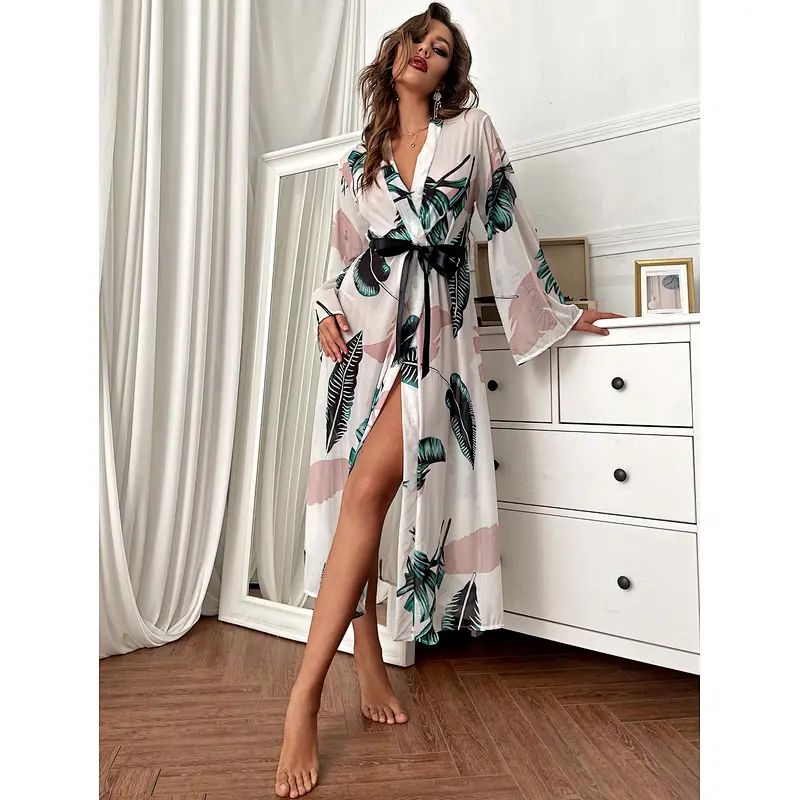 Elegant Long Sleeve Bathrobe Jungle Leaf Print Robe Femme Belted Night Robes Women