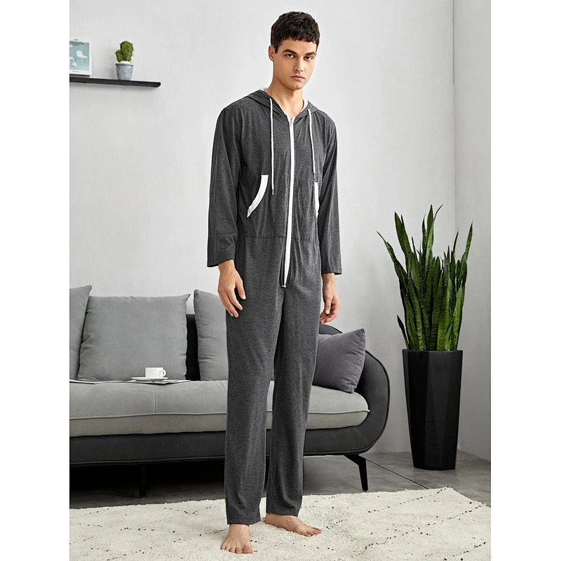 Contrast Panel Zipper Drawstring Hooded Men Sleep jumpsuit Hoodie Onesie