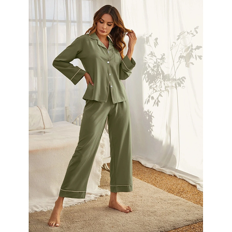 2022 NEW Custom Spring Long Sleep Wear Set Contrast Binding Button Through  Bamboo Pajamas