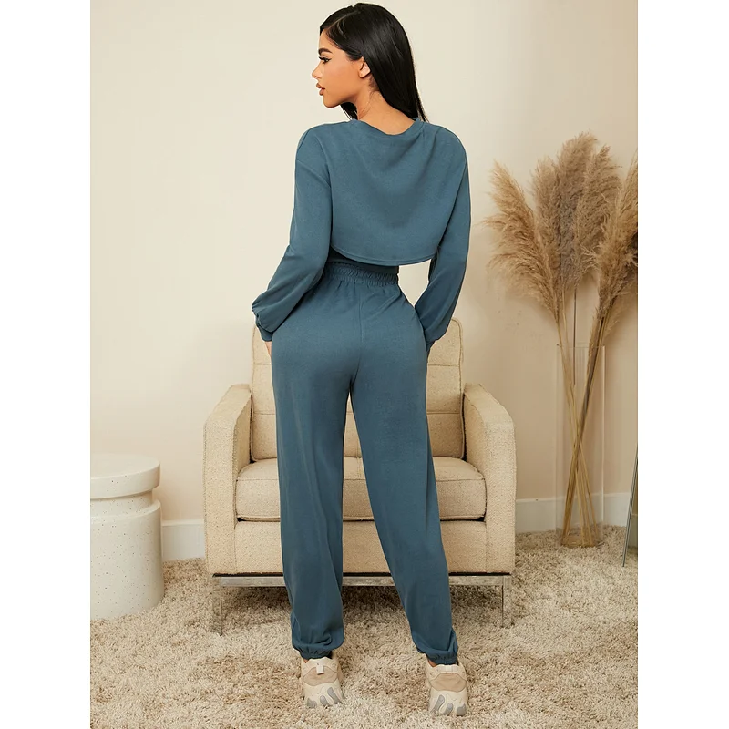 3pcs Casual Lounge Wear Custom Sweatsuit Scoop Neck Tank Top & Super Crop Pullover & Pants Loungewear Set