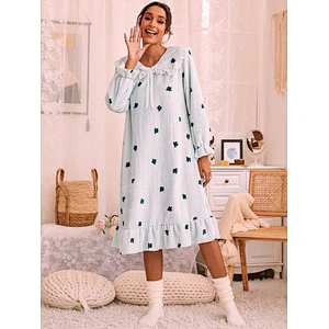 Winter Flannel Nightgown Cactus Pattern Bow Detail Ruffle Hem Night Gown Custom Woman Night Dresses