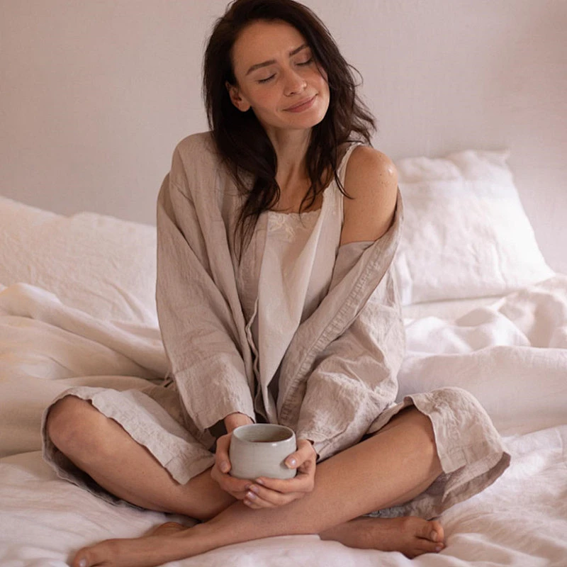 New Latest Belt Solid Cotton Femme Robe Knitted Longue Cotton Designer Pocket Linen Women Bath Robes