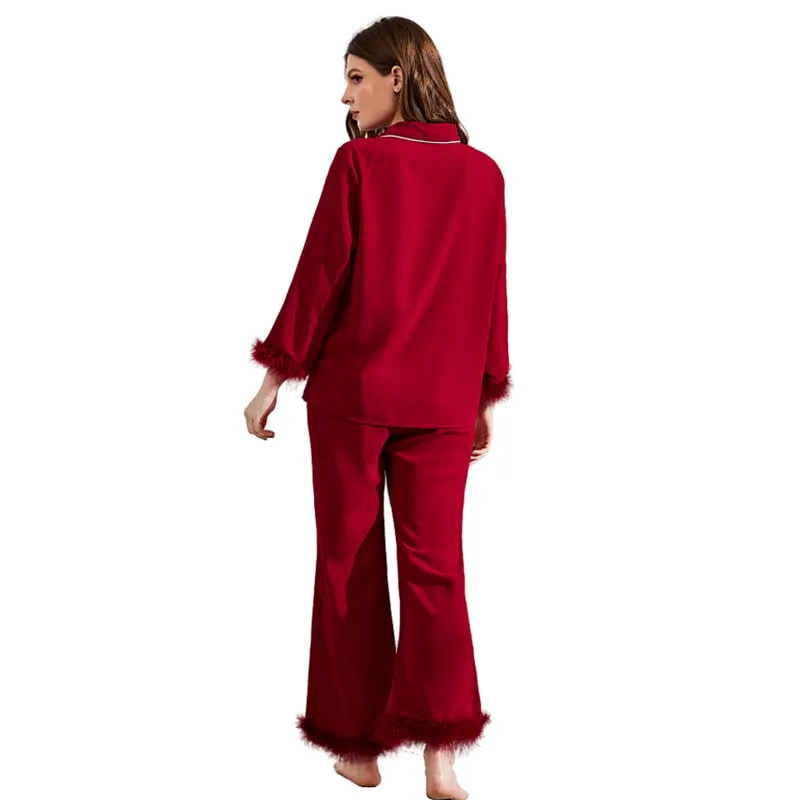 Pyjama Pour Feeme Fur Sleepwear Pijamas Feather Trim Cotton Pjs Wholesale Fuzzy Women Cozy Pajama Sets