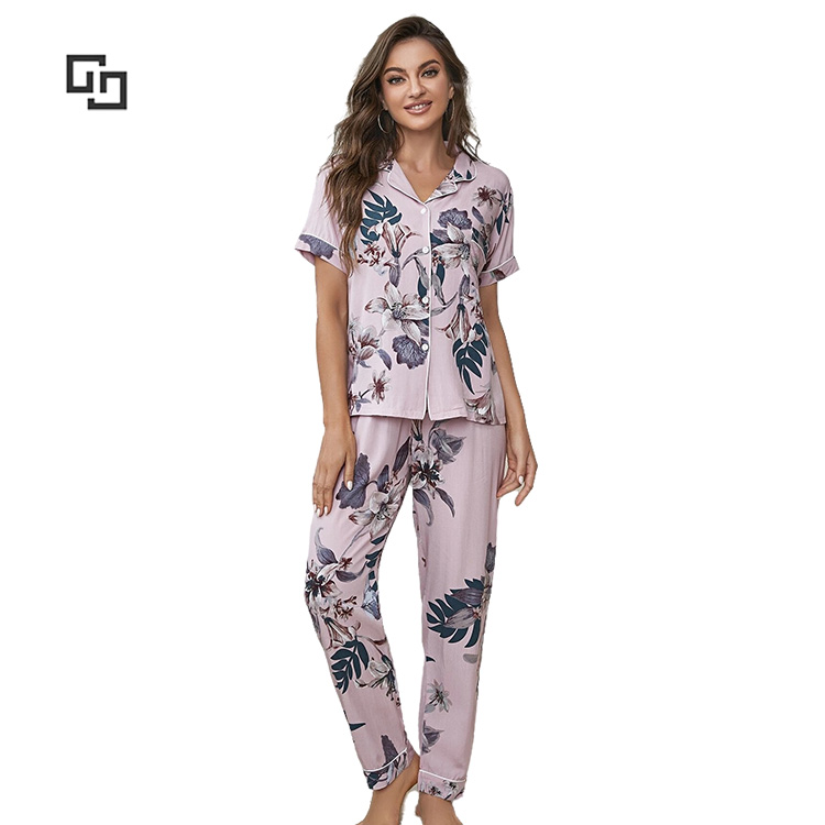 Women Pajamas Sets Short Sleeve Floral Print Bamboo Viscose Sleepwear for Women Contrast Binding Bamboo Viscose Pajama Set