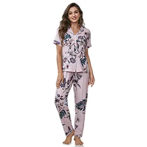 Women Pajamas Sets Short Sleeve Floral Print Bamboo Viscose Sleepwear for Women Contrast Binding Bamboo Viscose Pajama Set