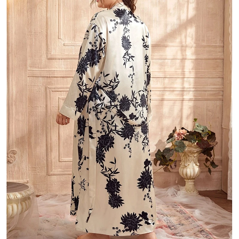 Satin Robes Women Long Beige Sleep Dresses for Women Plus Satin Floral Belted Night Gowns for Ladies