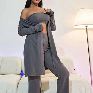 Custom New Arrival Spring Women Sleepwear Solid Tank Top and Pants PJ Set With Coat Lounge Wear Set
