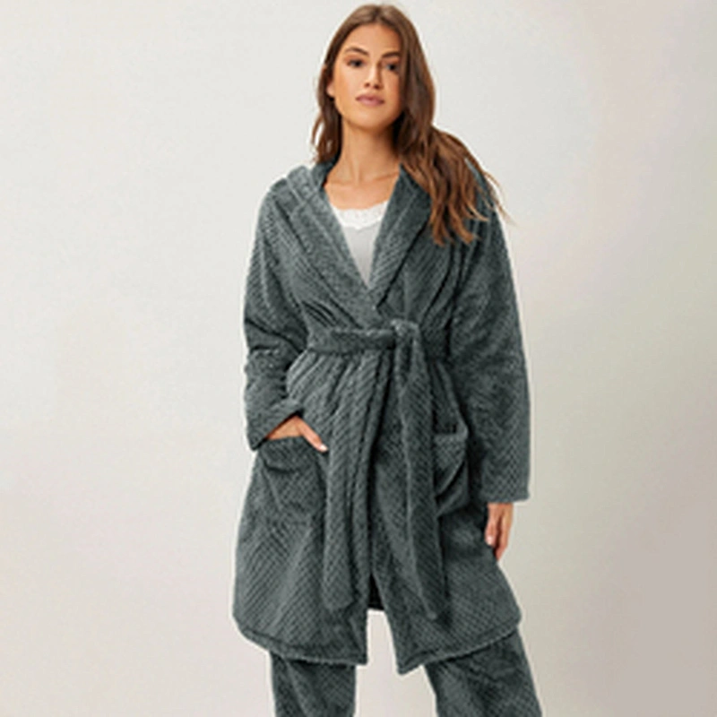 Winter Thermal Bathrobe Belted Dual Pocket Flannel Lounge Wear Hooded Custom Robe