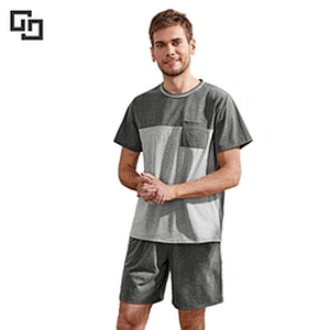 Patchwork Patch Pocket Sleepwear Men'S Cotton Short Pajamas Set Pyjamas