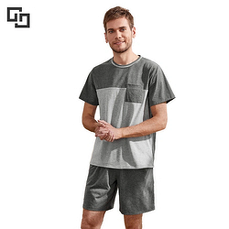 Patchwork Patch Pocket Sleepwear Men'S Cotton Short Pajamas Set Pyjamas