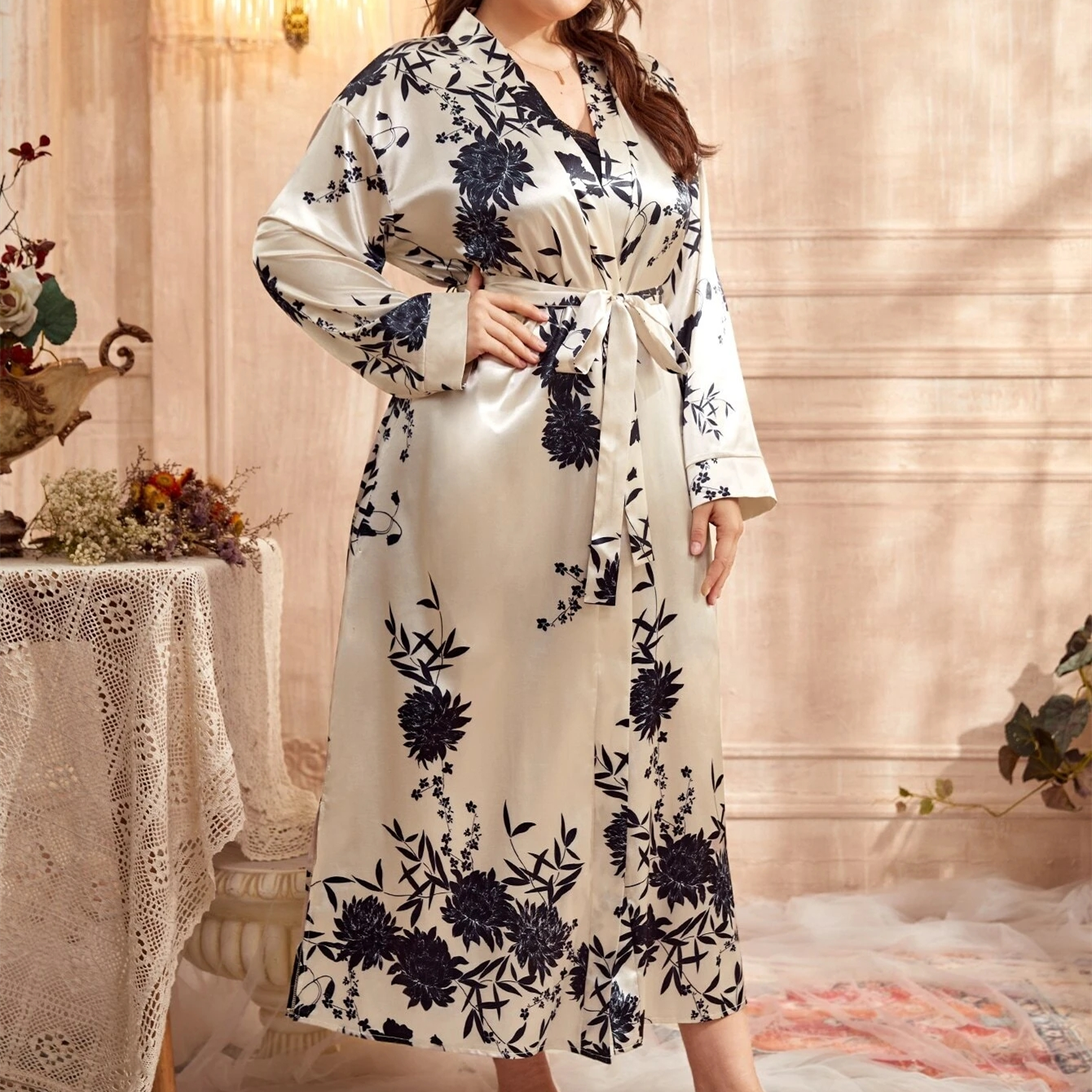 Satin Robes Women Long Beige Sleep Dresses for Women Plus Satin Floral Belted Night Gowns for Ladies