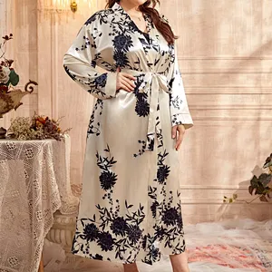 Satin Robes Women Long Beige Sleep Dresses for Women Plus Satin Floral Belted Night Gowns for Ladies