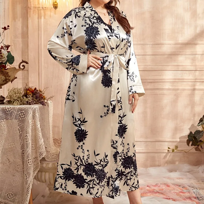Satin Robes Women Long Beige Sleep Dresses for Women Plus Satin Floral Belted Night Gowns for Ladies