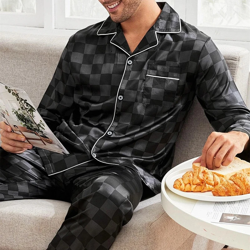 Long Pajama Sets Men Satin Pajamas Checker Print Nightwear Pajamas Men